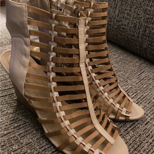 Elegant Tan and Cream Wedge Sandals